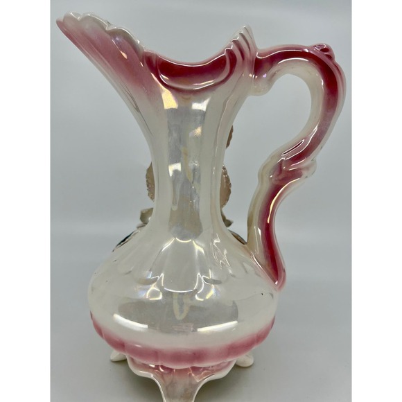 Vintage Ceramic Pitcher Vase Luster Ware Flowers Glazed Footed - Picture 3 of 12